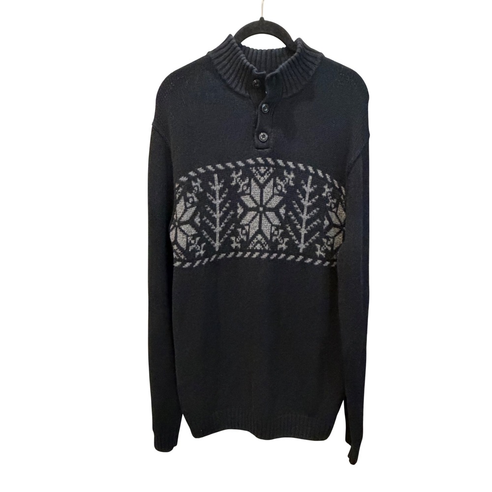 Chaps Womens Black Fair Isle Snowflake Mock Neck Button Sweater Size M